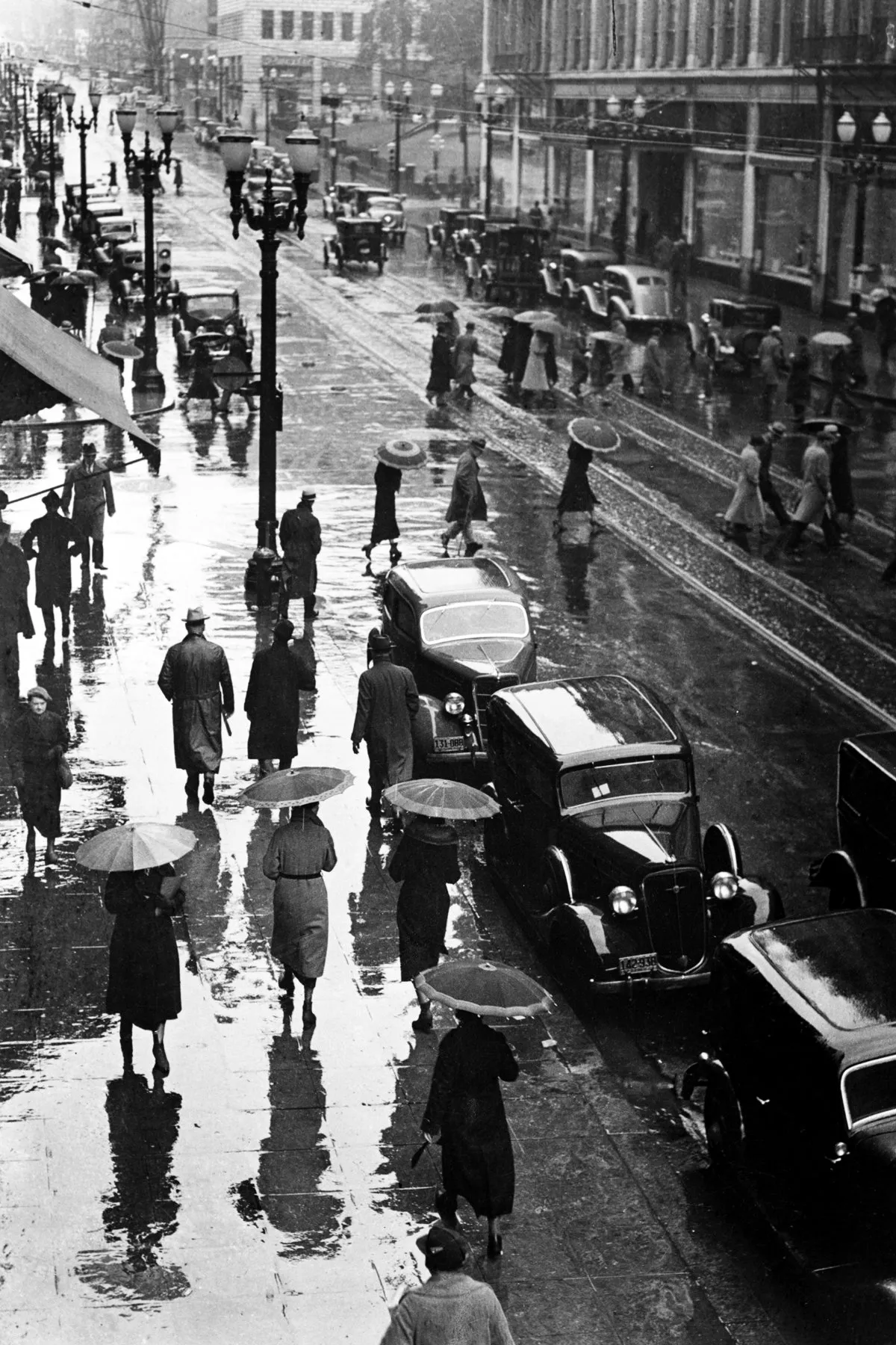 Black-and-white photograph: Portland Street Scene, 1940s. Location: Portland, Oregon. Date: c. 1940s.