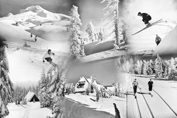 Black-and-white photograph: Mt. Hood Skiing Montage, 1940s. Location: Mt. Hood, Oregon. Date: c. 1940s.
