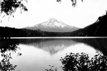 Black-and-white photograph: Mt. Hood from Lost Lake, 1940s. Location: Lost Lake, Mt. Hood National Forest, Oregon. Date: c. 1940s.