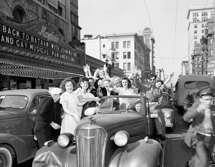 Black-and-white photograph: V-J Day Street Scene, Portland, 1945. Location: Portland, Oregon. Date: August 1945.
