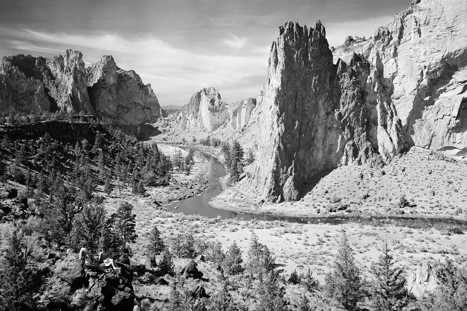 Black-and-white photograph: Smith Rock. Location: Smith Rock, Central Oregon.