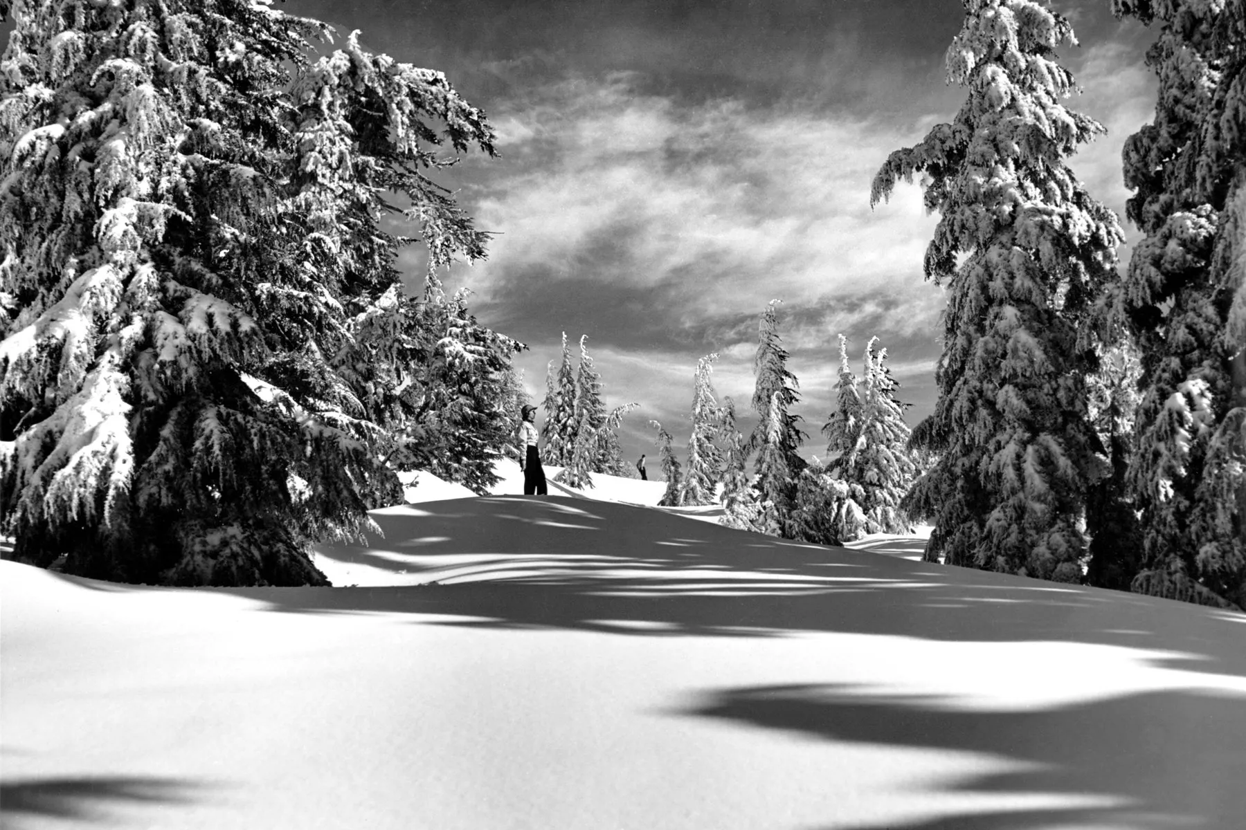 Black-and-white photograph: Winter on Mt. Hood, 1940s. Location: Mt. Hood, Oregon. Date: c. 1940s.