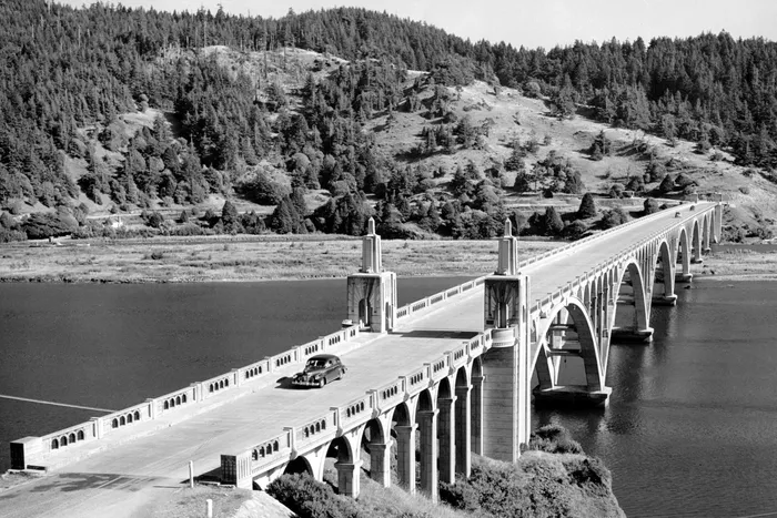 Black-and-white photograph: Rogue River. Location: Rogue River, Southern Oregon.