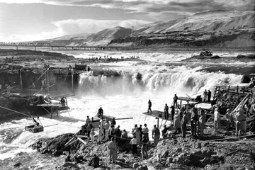Black-and-white photograph: Celilo Falls. Location: Celilo Falls, Columbia River, Oregon. Date: Undated (pre-1957).