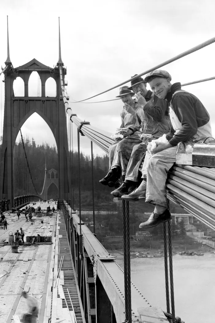 Black-and-white photograph: St. Johns Bridge Workers, Portland, 1940s. Location: Portland, Oregon. Date: c. 1940s.