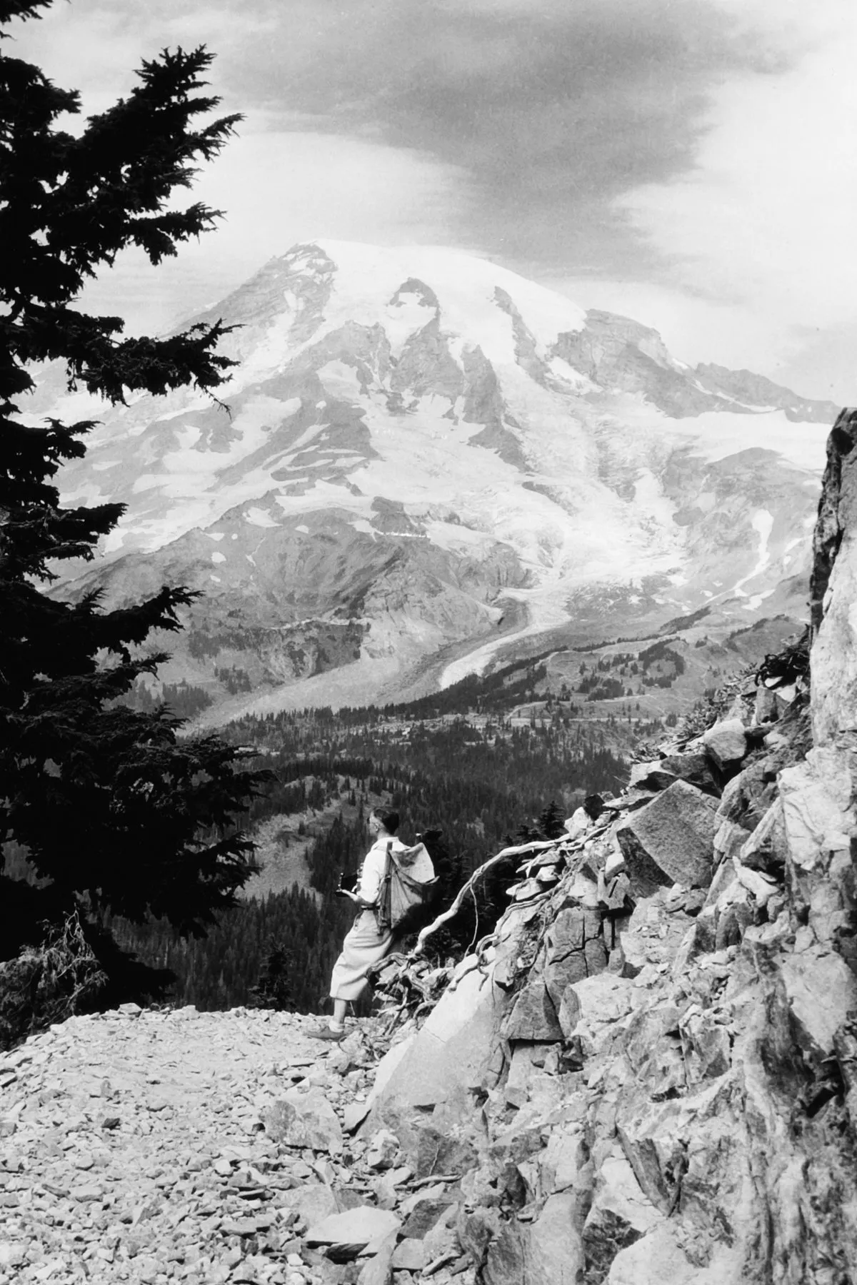 Black-and-white photograph: Mt. Rainier. Location: Mt. Rainier, Washington.