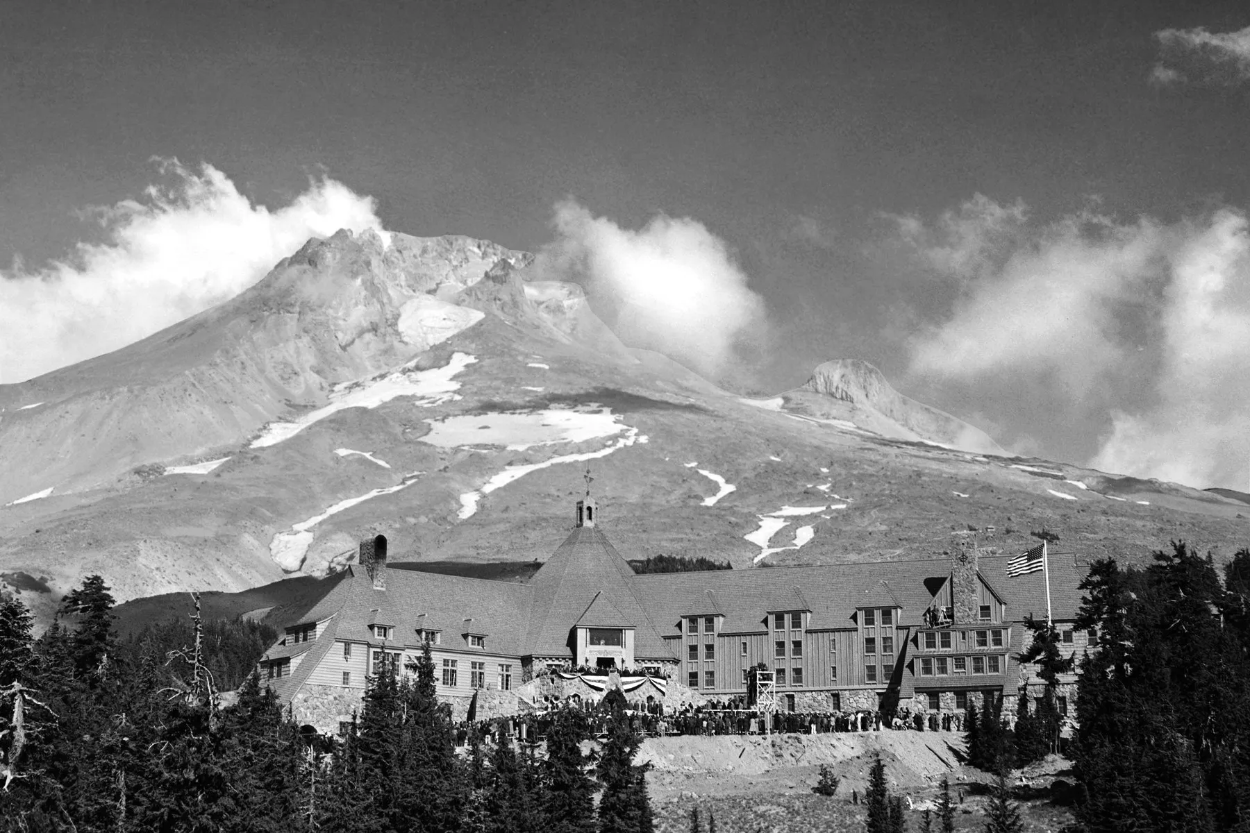 Black-and-white photograph: Timberline Lodge, Mt. Hood. Location: Mt. Hood, Oregon.