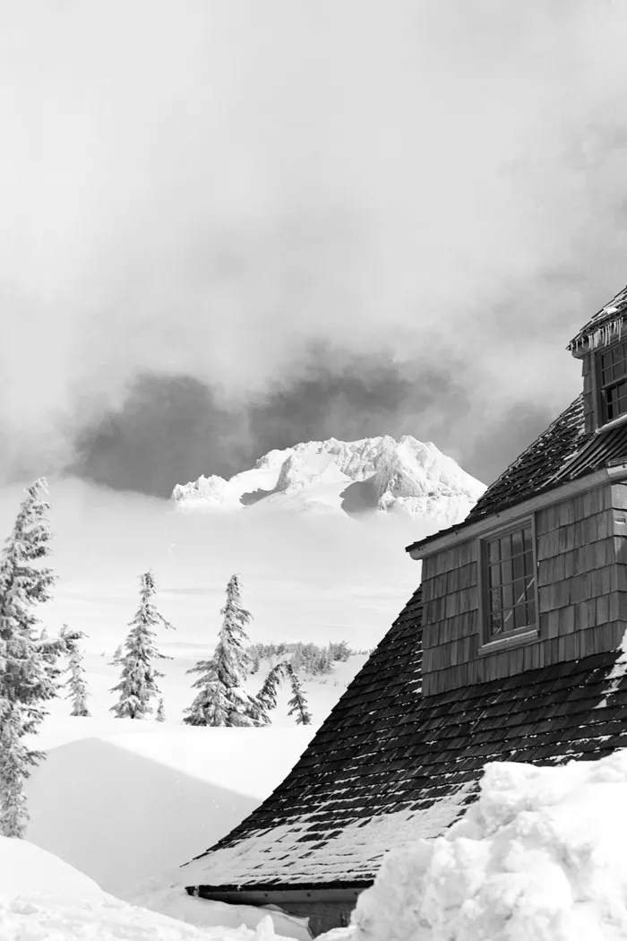 Black-and-white photograph: Timberline Lodge. Location: Mt. Hood, Oregon.