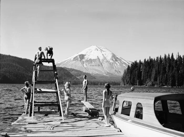 Black-and-white photograph: Spirit Lake, Mt. St. Helens, 1940s. Location: Spirit Lake, Mt. St. Helens, Washington. Date: c. 1940s.