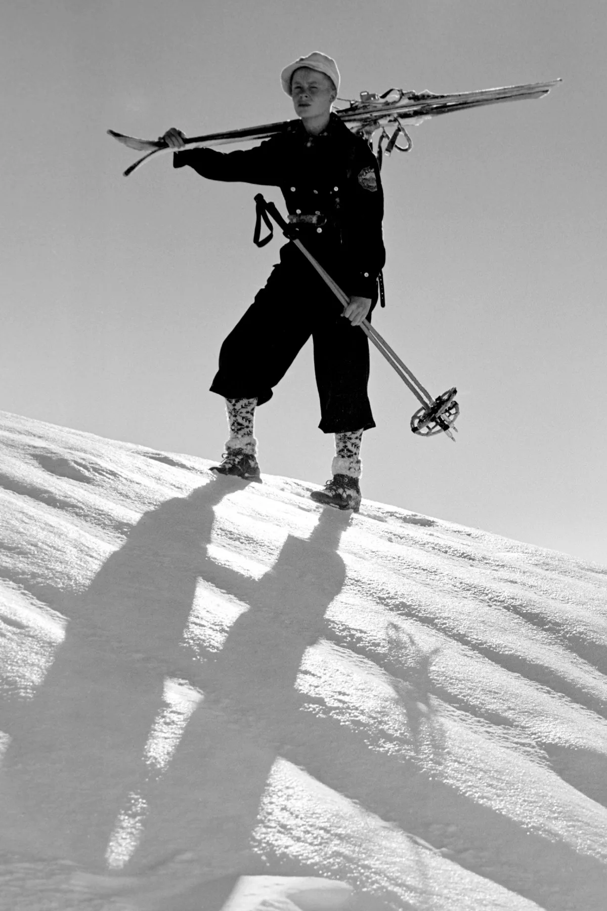 Black-and-white photograph: Mt. Hood Skier, 1940s. Location: Mt. Hood, Oregon. Date: c. 1940s.