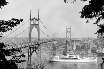 Black-and-white photograph: St. Johns Bridge. Location: Portland, Oregon.