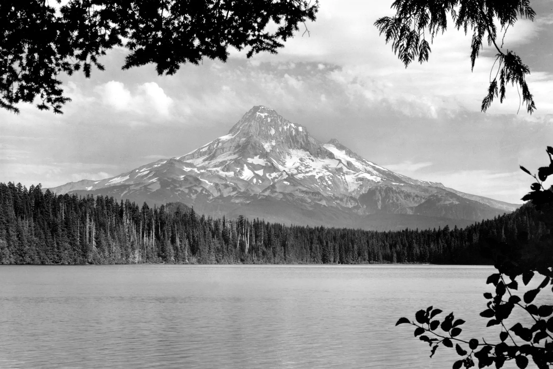 Black-and-white photograph: Lost Lake, Mt. Hood, 1940s. Location: Lost Lake, Mt. Hood National Forest, Oregon. Date: c. 1940s.