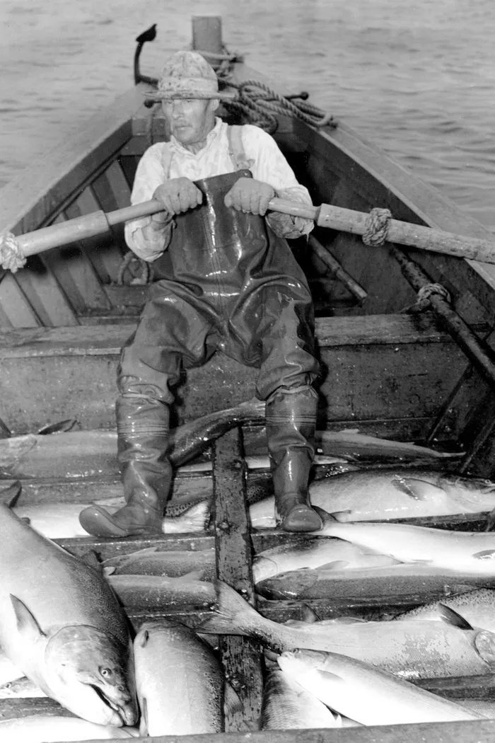 Black-and-white photograph: Salmon Fishing Boat, 1940s.