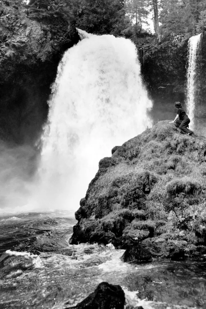 Black-and-white photograph: McKenzie Falls. Location: McKenzie River, Oregon.