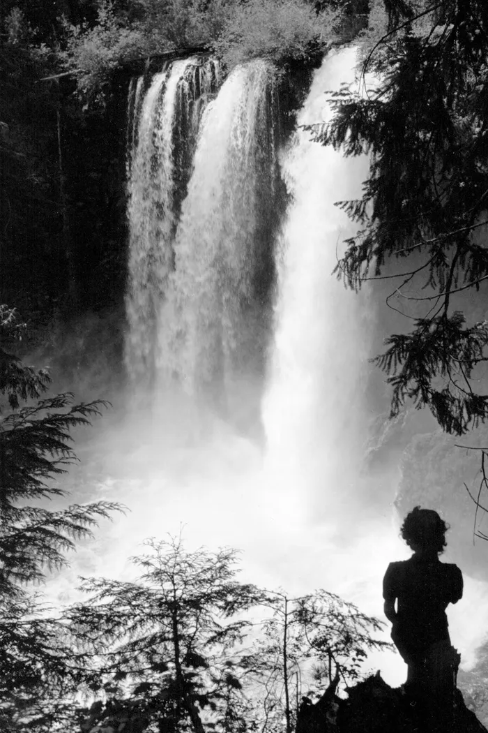 Black-and-white photograph: McKenzie River. Location: McKenzie River, Oregon.